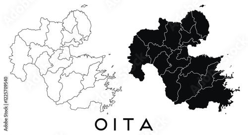 Oita map of regions districts vector black on white and outline