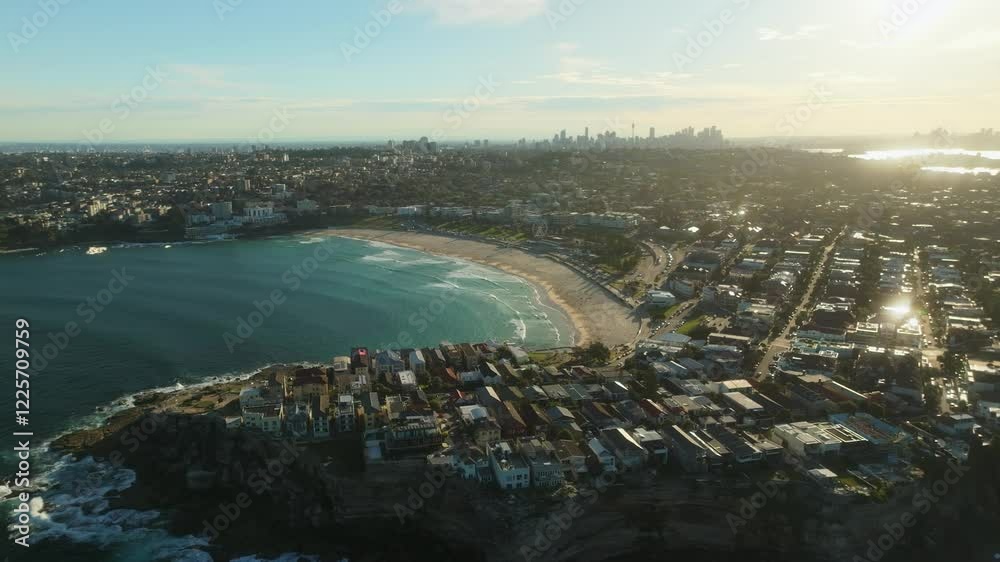 Aerial view of bondi beach and ben buckler point at sunset with ocean waves and cityscape, Sydney, Australia.