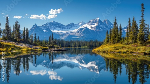 Mountain Range Reflected in Still Water with Green Trees and Blue Sky