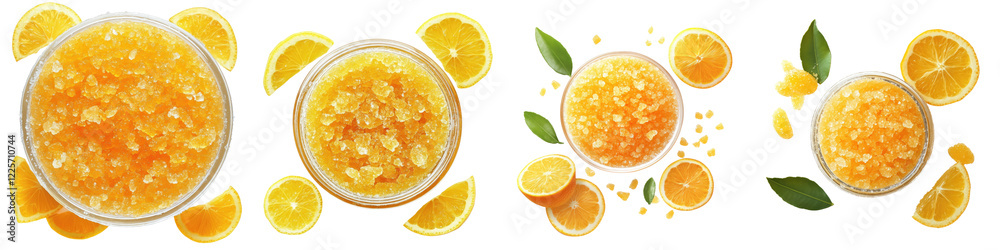 Sugar Scrub with Citrus Zest – An exfoliating sugar scrub infused with refreshing citrus zest perfect for softening and brightening the skin. Isolated on Clear White Background Highly Detailed Sugar Scrub with Citrus Zest – An exfoliating sugar scrub infused with refreshing citrus zest perfect for softening and brightening the skin. Isolated on Clear White Background Highly Detailed