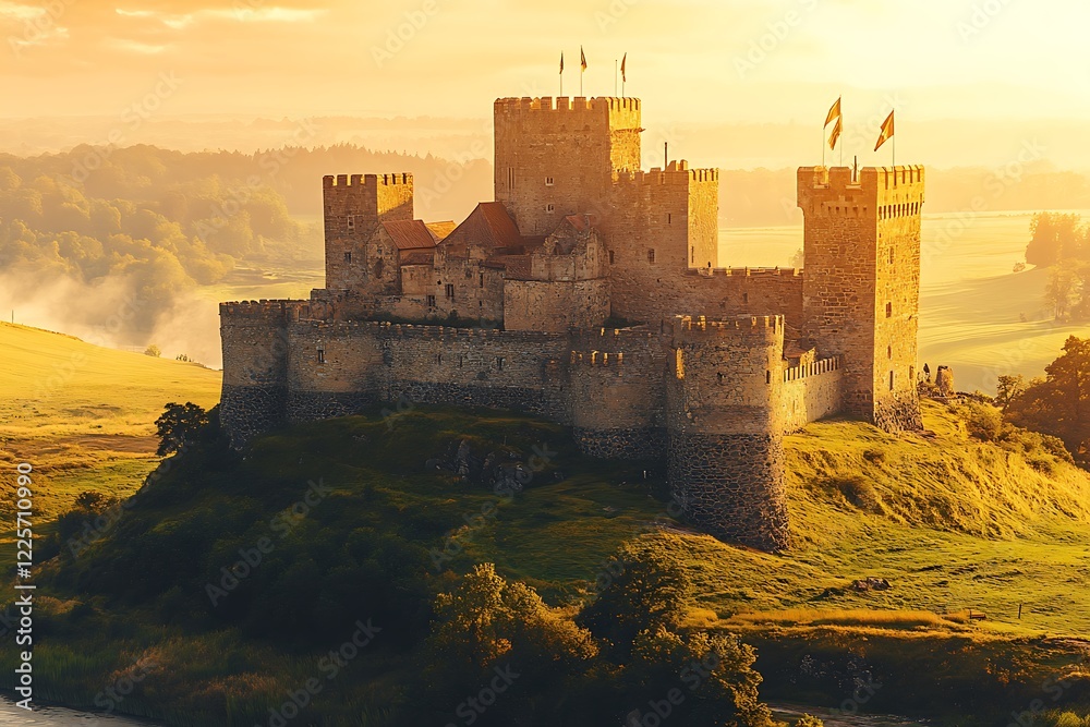 Fototapeta premium Majestic medieval castle standing on hill at golden sunrise