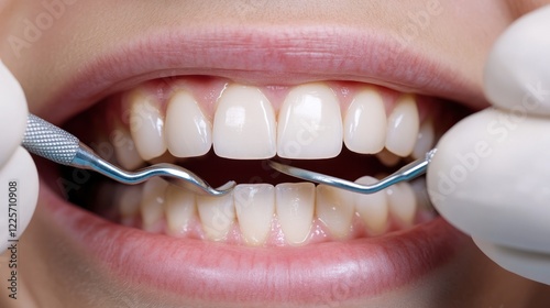 Dental checkup: Close-up of teeth examination with dental tools. Maintaining healthy teeth and gums is essential for overall health and well-being. photo