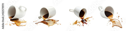 Spilled Cup of Coffee – A coffee cup that has tipped over leaving a dark stain on the surface. Isolated on Clear White Background Highly Detailed 