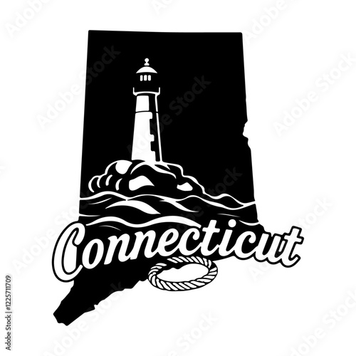Illustration of Connecticut State Map with Coastal Lighthouse for Print or Digital Use