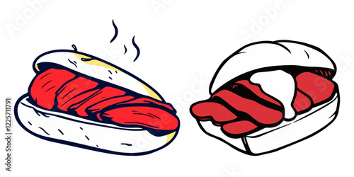 Illustration of Juicy Sliced Pit Beef Sandwich on Fresh Roll with Spicy Horseradish Sauce and Roasted Meat