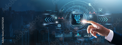 Lead Generation: Businessman’s hand touching futuristic technological interface, customer acquisition, marketing automation, prospect engagement, and business growth technology concept.