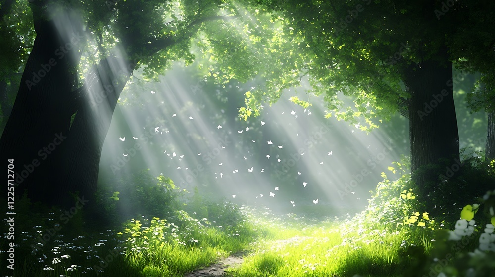Obraz premium A tranquil forest trail with dappled sunlight filtering through the canopy and the sound of rustling leaves