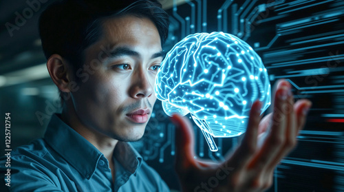 Surreal digital art, ethereal and spiritual, human form interacting with an intricate AI brain processor. Use of light and shadow, glowing textures, fantastical elements, in a dark background.
