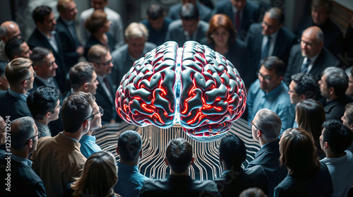Surreal digital art, ethereal and spiritual, human form interacting with an intricate AI brain processor. Use of light and shadow, glowing textures, fantastical elements, in a dark background.