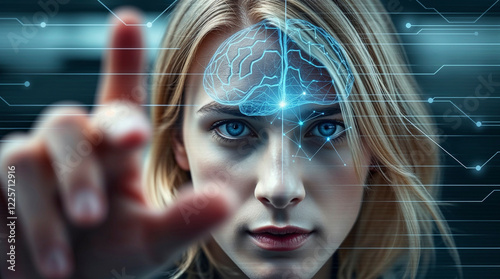 Surreal digital art, ethereal and spiritual, human form interacting with an intricate AI brain processor. Use of light and shadow, glowing textures, fantastical elements, in a dark background.