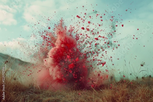 Vibrant red explosion in open field photo