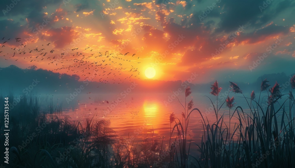 Fototapeta premium A beautiful sunset over a lake with birds flying in the sky