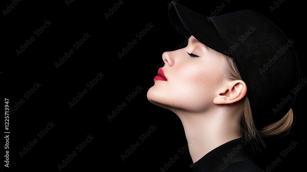 Fototapeta Woman, profile, black background, red lips, fashion