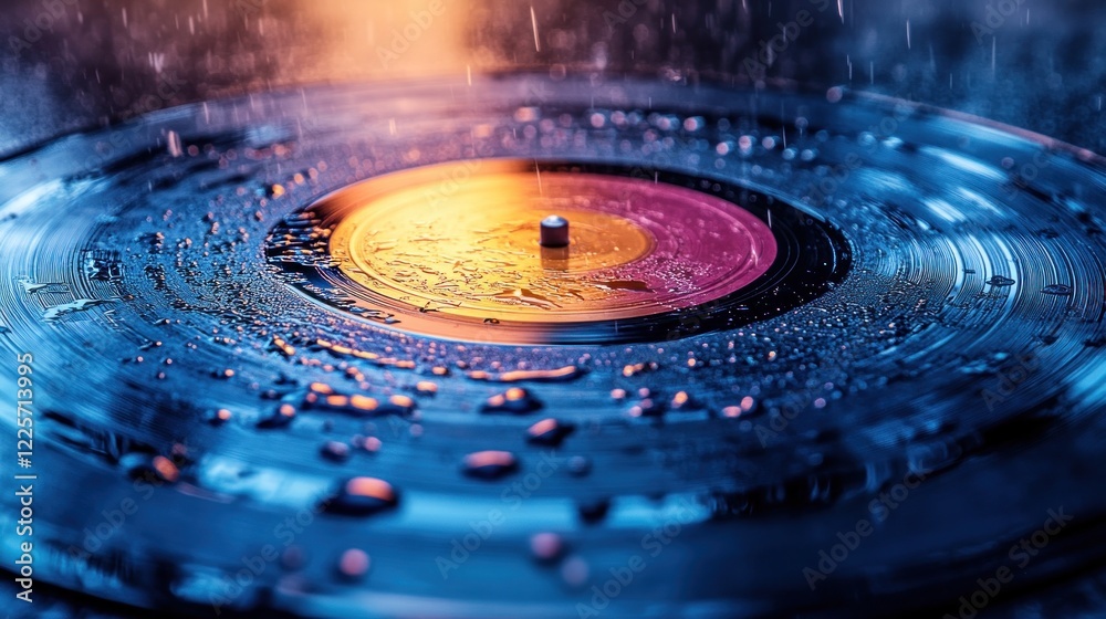 Wet vinyl record spinning, rain, night, music, album art Wet vinyl record spinning, rain, night, music, album art