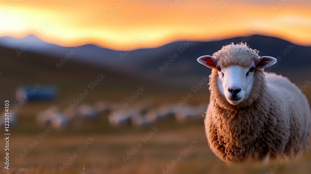 Fototapeta premium White fluffy sheep looking at camera in mountain landscape during golden sunset hour, warm orange sky and silhouetted hills create peaceful rural scene.