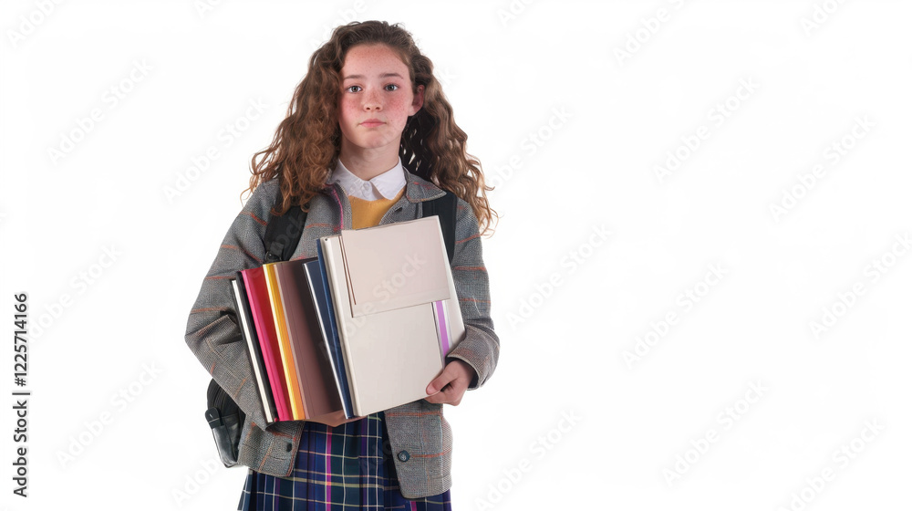 portrait of a young schoolgirl carrying books isolated on white portrait of a young schoolgirl carrying books isolated on white