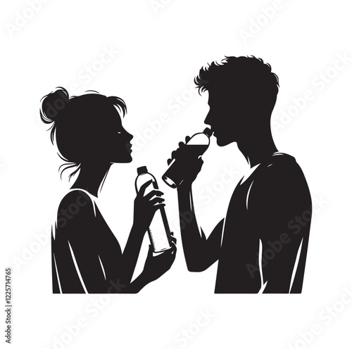young man and woman drinking water 
silhouette vector illustration