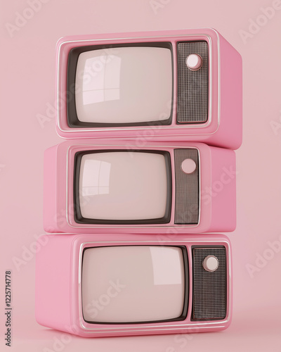 Stack of three vintage pink televisions with blank screens, retro media concept, nostalgic old-fashioned technology design against a beige background photo