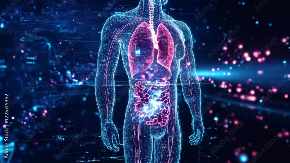 A digital representation of the human body displaying internal organs in a futuristic holographic style.