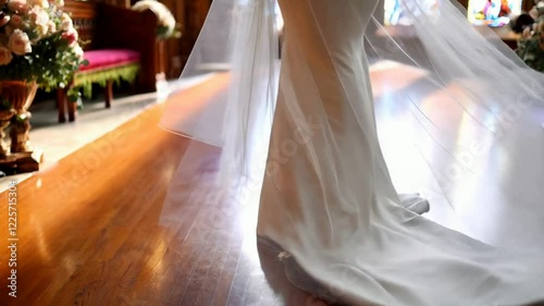 Close-Up of a Bride’s Veil as She Walks to the Altar	