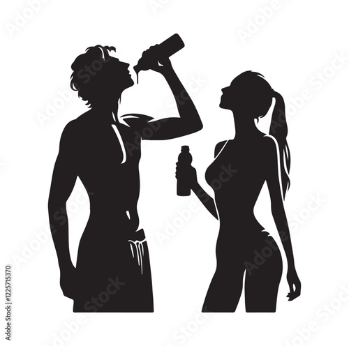 young man and woman drinking water 
silhouette vector illustration