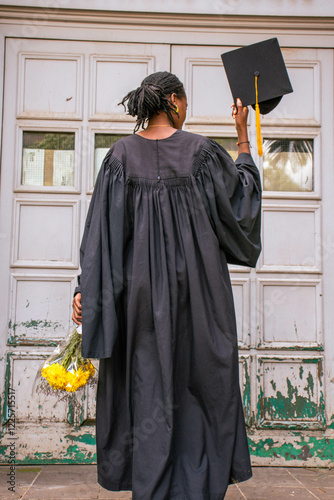 Black woman on her graduation day holding yellow flowers