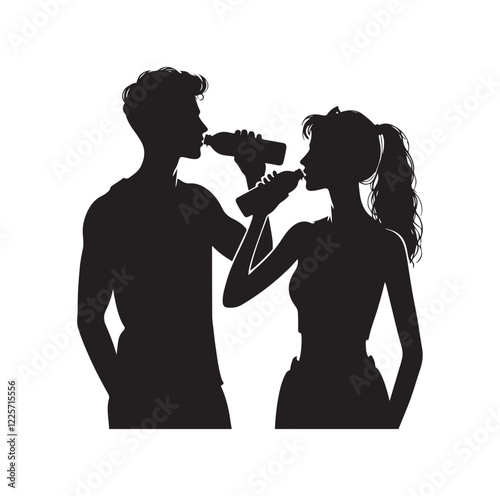 young man and woman drinking water 
silhouette vector illustration