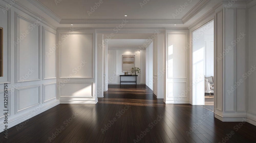 Fototapeta premium Perspective of white empty room and dark laminate floorclassic interior styleblank space architecture