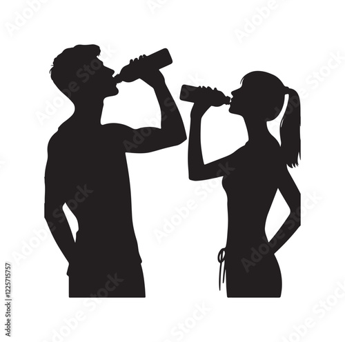 young man and woman drinking water 
silhouette vector illustration