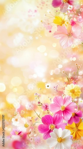 Elegant floral background with softly moving colorful flowers and golden bokeh effect. Spring concept