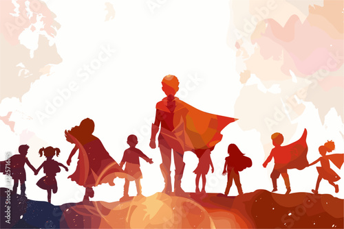 Silhouette of children dressed as super heroes posing against sunset golden light. World Children's Day concept