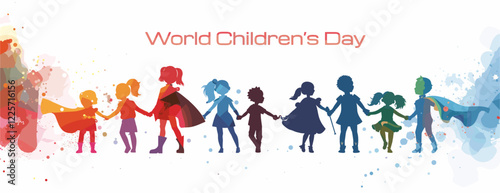 World Children's Day banner with colorful silhouettes of children dresses with super heroes costumes