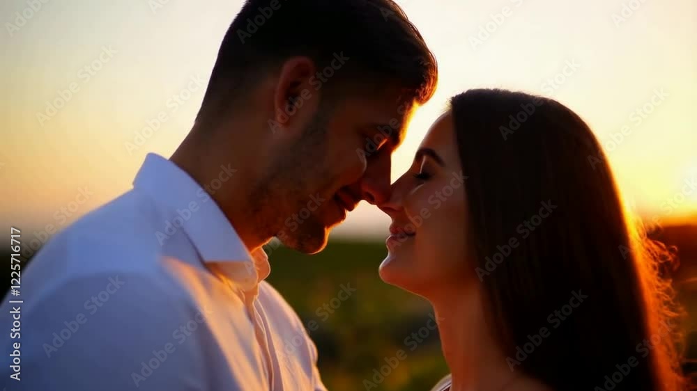Romantic Sunset Kiss: Close-Up of Smiling Couple Sharing a Loving Moment in Soft Golden Light Romantic Sunset Kiss: Close-Up of Smiling Couple Sharing a Loving Moment in Soft Golden Light