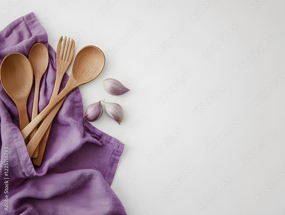 Wooden Spoons Forks on Purple Linen Cooking Utensils Flatlay Wooden Spoons Forks on Purple Linen Cooking Utensils Flatlay