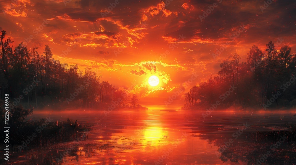 A beautiful sunset over a lake with trees in the background A beautiful sunset over a lake with trees in the background