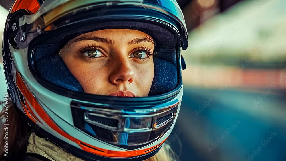 Young Caucasian female racer in helmet focusing at racetrack. Woman gazes intently pre-race. Determination evident in driver's eyes. Focused athlete ready for competition. Racetrack environment Young Caucasian female racer in helmet focusing at racetrack. Woman gazes intently pre-race. Determination evident in driver's eyes. Focused athlete ready for competition. Racetrack environment
