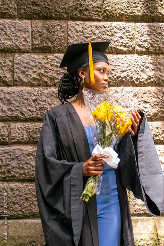 Black woman on her graduation day holding yellow flowers