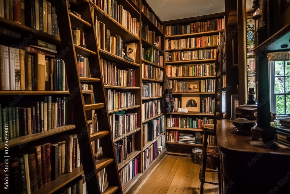 Tall bookshelves reaching to the ceiling and an antique ladder for searching for books Tall bookshelves reaching to the ceiling and an antique ladder for searching for books