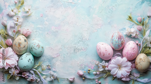 An artistic Easter card layout featuring pastel eggs, soft ribbons, and blooming flowers photo