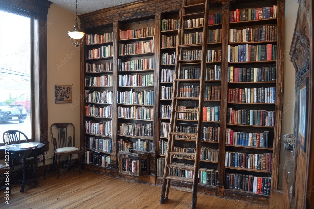 Tall bookshelves reaching to the ceiling and an antique ladder for searching for books Tall bookshelves reaching to the ceiling and an antique ladder for searching for books