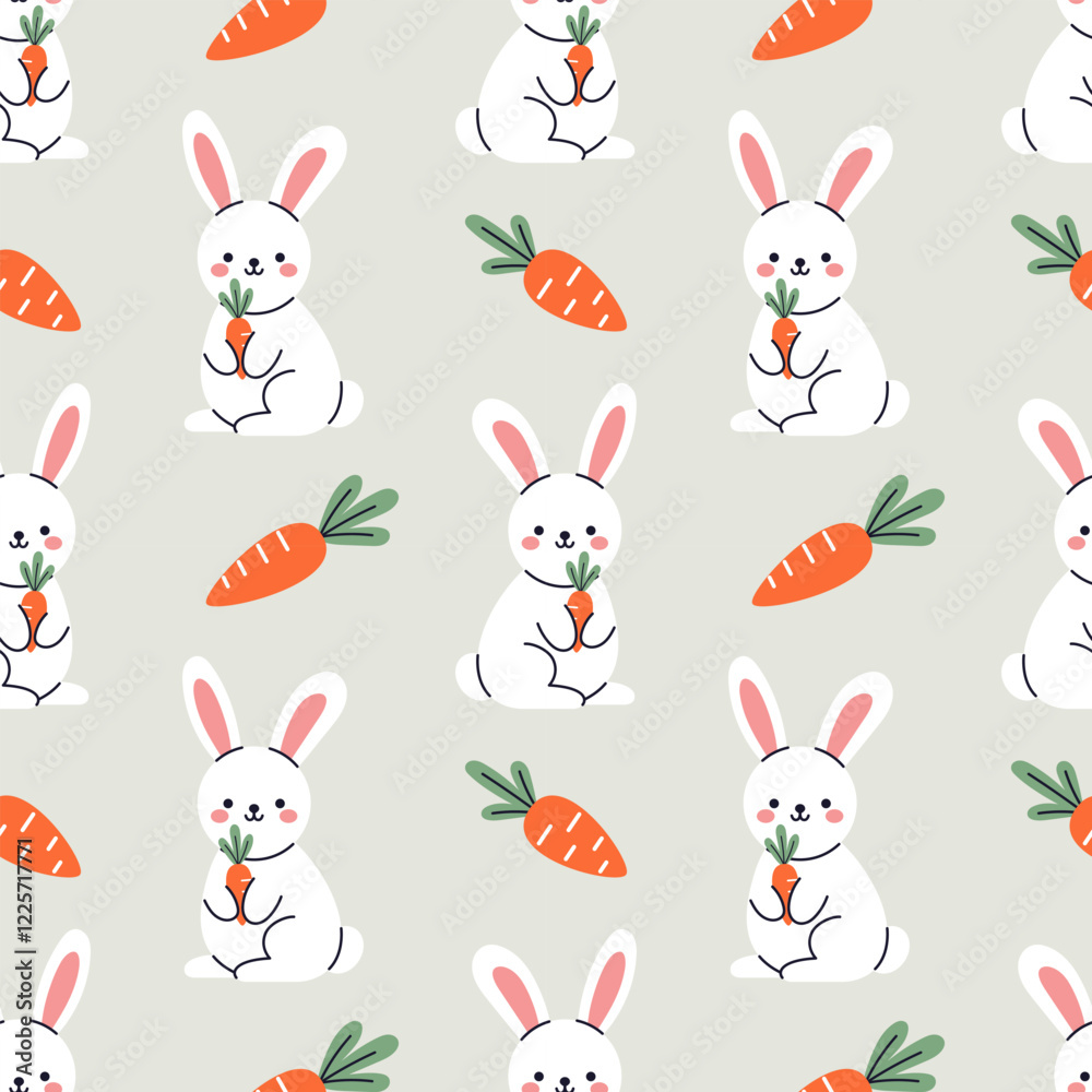 Vector kids easter seamless pattern with cute funny bunnies and carrots in flat design. Cute funny baby rabbits design on gray background. Wrapping paper or fabric design. Kawaii seamless pattern.