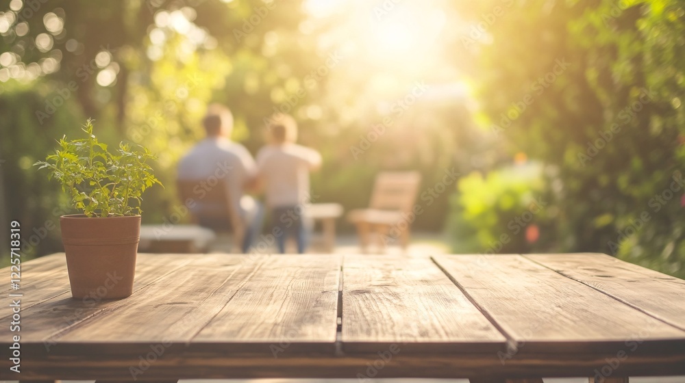 Fototapeta premium Two people relaxing in the background of an empty wooden table with a small potted plant on a sunny day