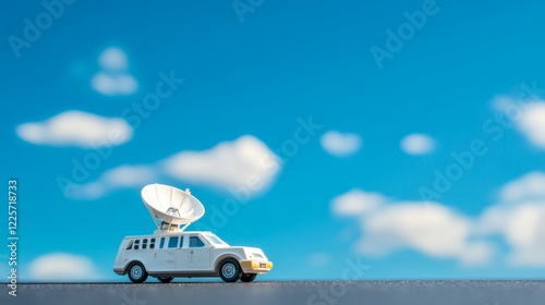 A boardcast white satellite mobile car with blue sky background photo