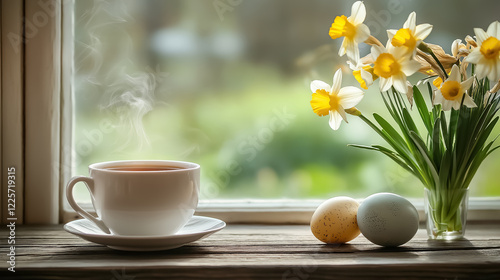 peaceful Easter morning scene with a steaming cup of tea, a decorated egg, and blooming daffodils
