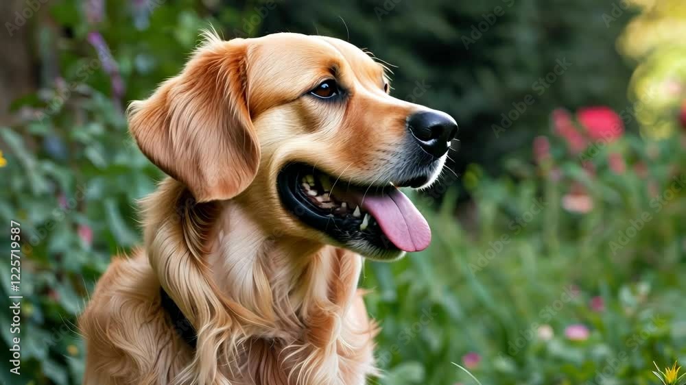 Golden retriever smiles in vibrant garden filled with flowers, showcasing companionship and joy in serene outdoor setting