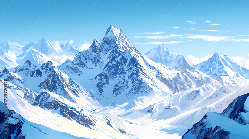 Snowy mountain peaks stretch towards the crystal clear blue sky, a breathtaking landscape of eternal snow and majestic. Crystal Peaks. Illustration Snowy mountain peaks stretch towards the crystal clear blue sky, a breathtaking landscape of eternal snow and majestic. Crystal Peaks. Illustration
