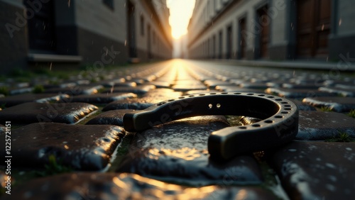 This moody urban scene highlights a worn Lucky Horseshoe under a gentle shower, reflecting the subtle spirit of St. Patrick's Day against glistening cobblestones and muted light.