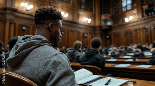 A courtroom filled with passionate legal professionals and scholars photo