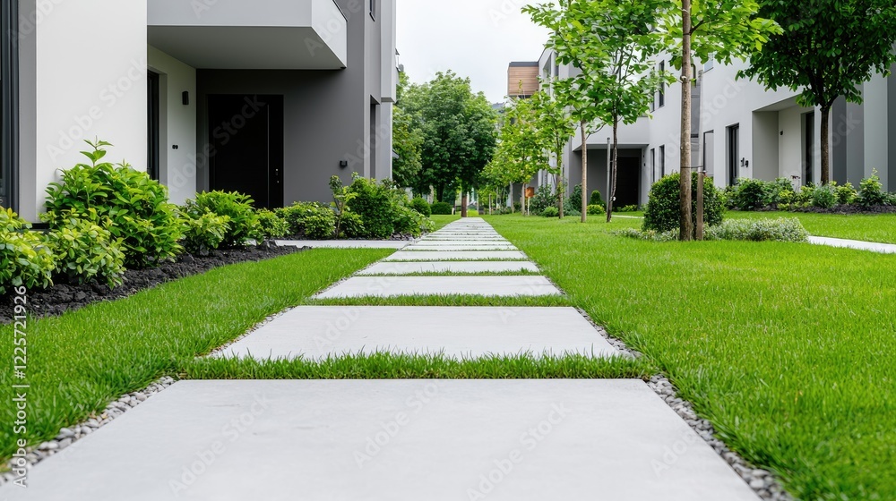 Modern apartment complex pathway, green landscaping, suburban setting, real estate
