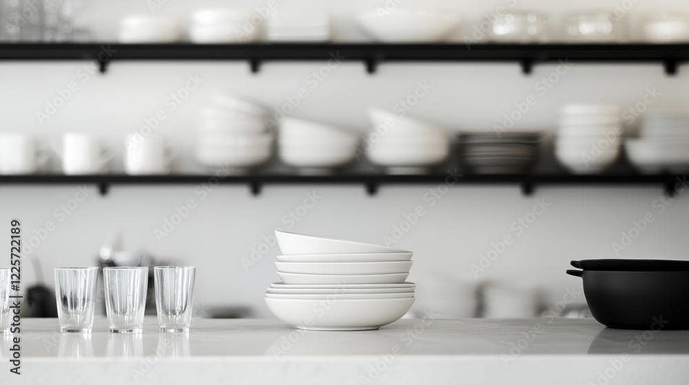 A kitchen counter with a white plate and a few glasses on it A kitchen counter with a white plate and a few glasses on it